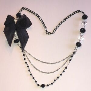 Black Bow Multi-Chain Necklace with Beads
